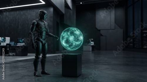 Dark humanoid AI robot observing a glowing teal energy sphere on a pedestal in a futuristic laboratory