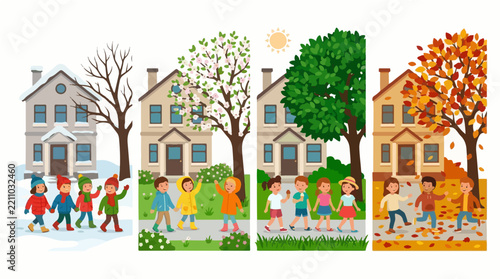Four Season City House Tree and Children Walking Seasonal Vector Illustration