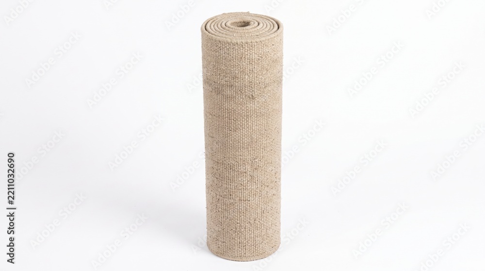 Obraz premium Rolled beige carpet standing upright on a clean white background represents a home interior renovation project or deep cleaning preparation for a tidy living space before guests arrive at home.