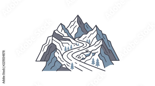 Stylized Mountain Range with Winding Road and Trees