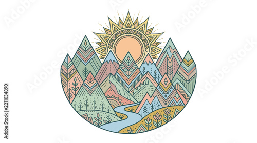 Stylized Mountains Landscape with Sun and River Art