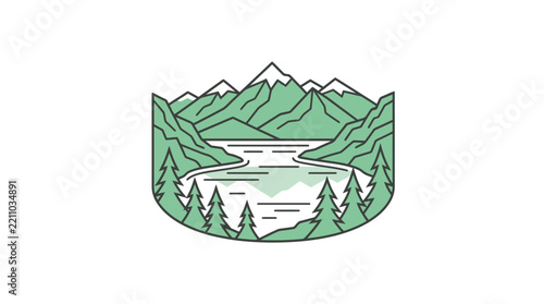 Stylized Mountain Lake Landscape with Pine Trees