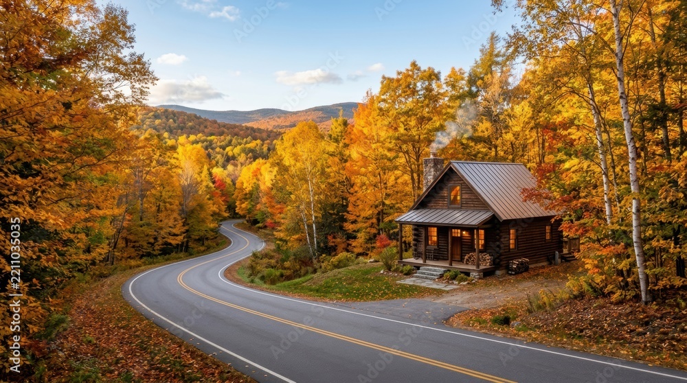 Fototapeta premium A picturesque wooden cabin sits nestled beside a winding asphalt road surrounded by vibrant autumn foliage