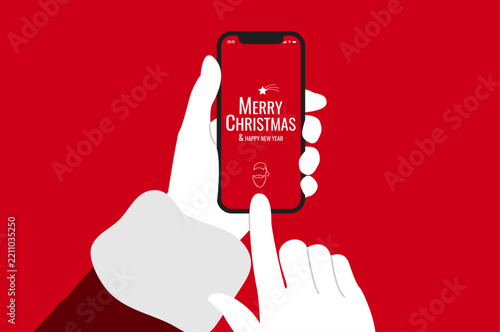 Hand holding smartphone with Merry Christmas greeting screen. Christmas mobile application holiday interface layout.