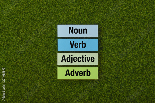 English grammar concept featuring noun, verb, adjective, and adverb labels arranged on green grass, representing language education, vocabulary, and grammatical learning.