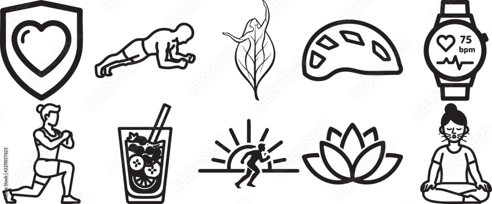 Obraz premium Healthy living and fitness line art icons including yoga nutrition and exercise with exercise wellness training nutrition