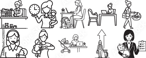 Outline icons of working mom balancing career and childcare in daily routine with business childcare professional lifestyle