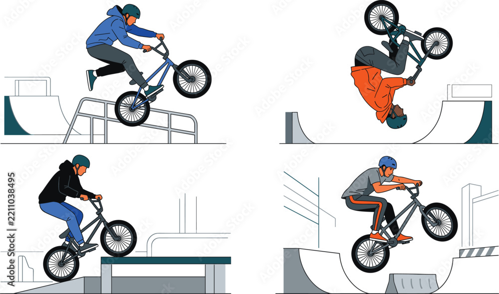 Obraz premium Professional BMX riders performing extreme freestyle tricks and jumps in a skatepark vector illustration set