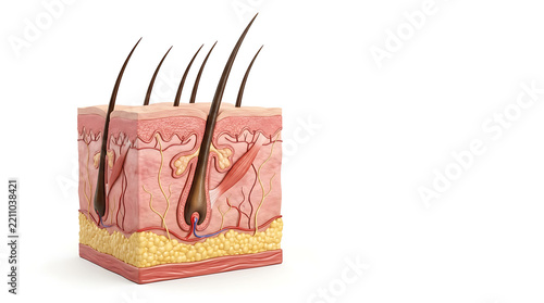 Detailed illustration of a cross-section of human skin showing hair follicles, blood vessels, and sebaceous glands