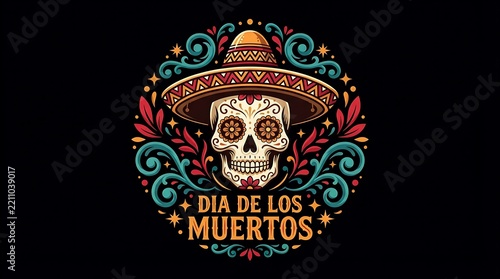 Decorative sugar skull wearing a traditional sombrero hat with ornate floral patterns on black background