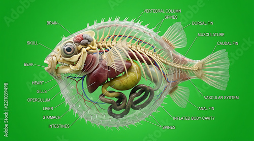 Anatomical Illustration of a Pufferfish Internal Organs and Skeletal Structure on a Vibrant Green Background