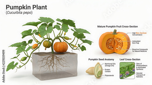 Educational diagram of a pumpkin plant anatomy featuring roots, leaves, cross section of fruit and seeds with detailed botanical labels