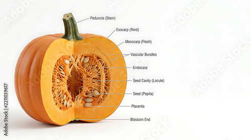 Comprehensive Cross-Sectional View of a Pumpkin Displaying Its Detailed Internal Anatomy, Seeds, and Labeled Botanical Structures for Educational Purposes