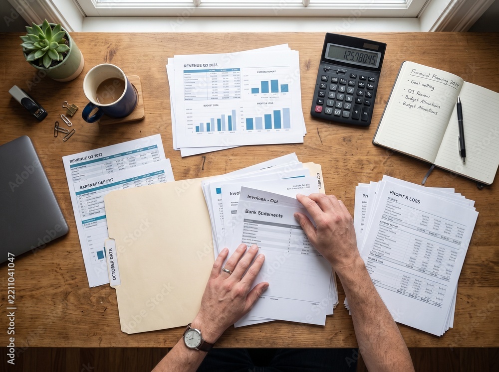 Obraz premium Hands Reviewing Business Financial Documents on Office Desk