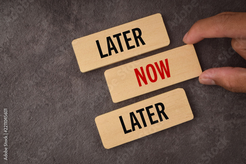 Obraz na plátně Wooden blocks labeled Now and Later with a hand arranging them, symbolizing urgency, procrastination, prioritization, timing, decision making, productivity, and taking action