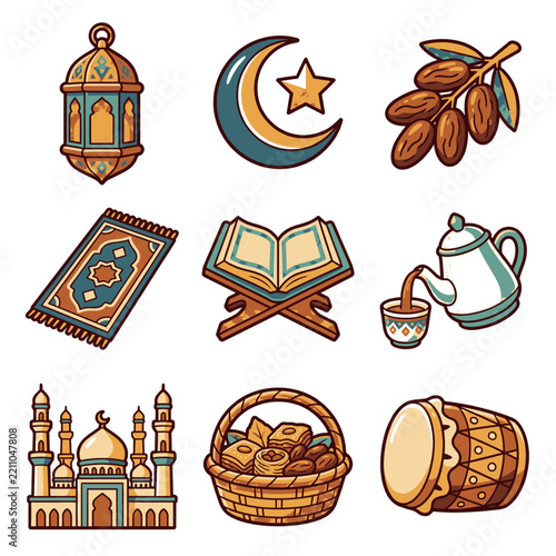 2D Cartoon Ramadan Sticker Pack Set with Flat Cel Shading