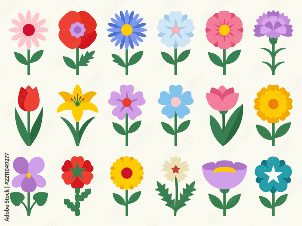 Obraz premium Set of Colorful Flat Design Flower Icons - Variety of Stylized Floral Illustrations for Web, Graphic Design, Spring, and Summer Projects