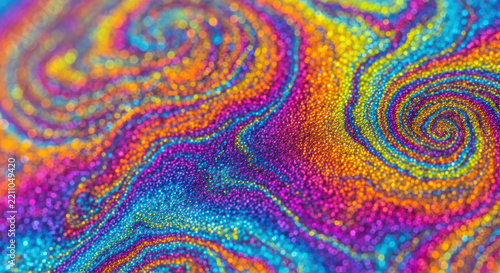 Iridescent liquid swirl background, vibrant rainbow oil slick texture, psychedelic colorful soap bubble macro, abstract shimmering fluid art