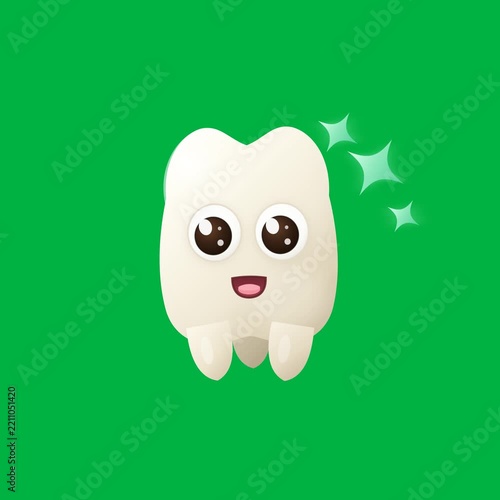 Cute Animated Sparkling Tooth Character on Green Screen