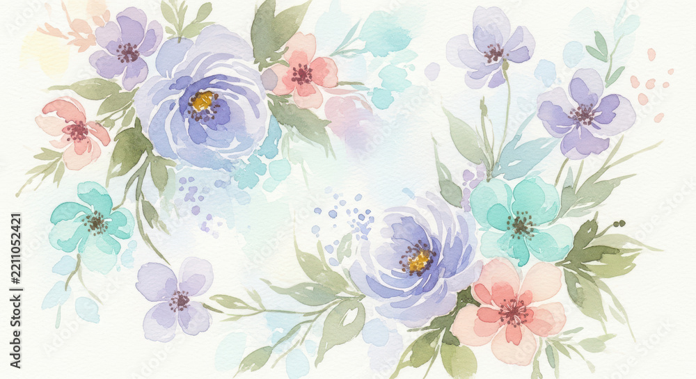 Obraz premium Watercolor floral background with pastel purple and pink flowers, romantic hand-painted flower border, soft spring botanical illustration