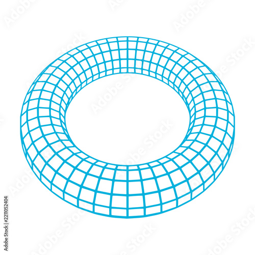 A torus ring drawn as a wireframe grid mesh forms a 3D donut shape with an open center. It suits geometry, topology, mathematics, modeling, technology, unity, infinity and futuristic design themes.