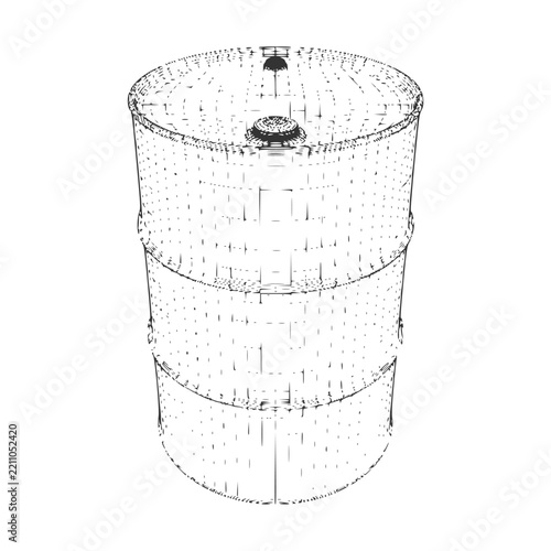 A metal oil barrel drum with caps on top, drawn in vintage engraving sketch style. It suits themes of fuel, petroleum, industry, energy, storage, transport, logistics, refinery and old resources.