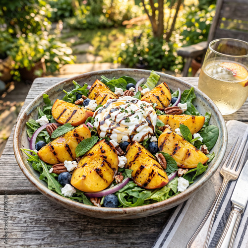 Summer outdoor dining featuring grilled peach salad with greens and