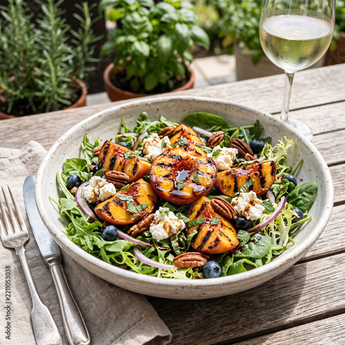 Grilled peach salad with pecans and feta on rustic table for summer