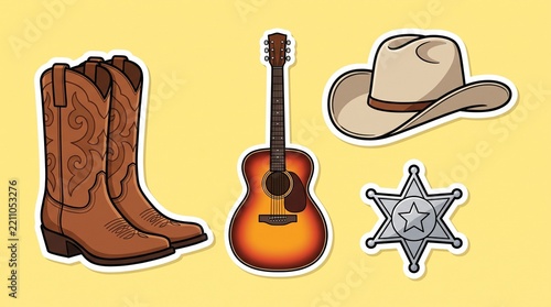 Set of Western Cowboy Stickers Featuring Leather Boots Acoustic Guitar Hat and Sheriff Badge