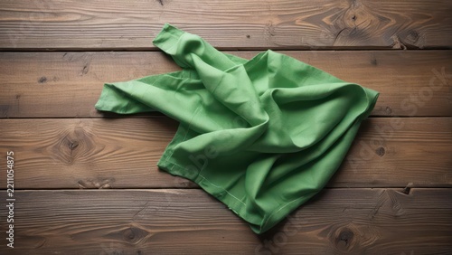 Crumpled green cotton napkin with subtle wrinkles and texture lies on a worn wooden table surface, showcasing its natural fibers, crumpled fabric, textile
