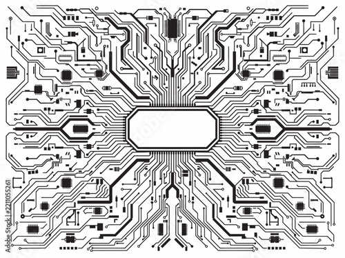 Modern High Tech Circuit Board Background with Black and White Vector Silhouettes