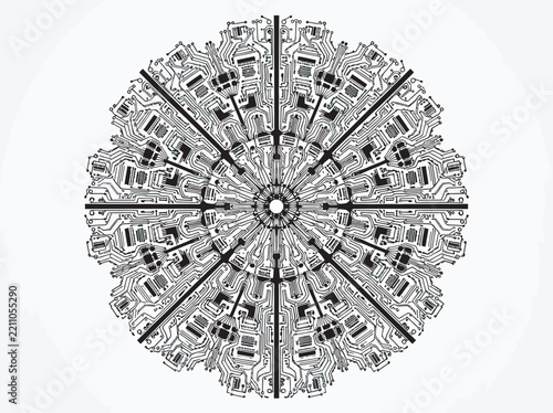 Advanced Technology Circuit Network with Radial Black and White Silhouette Pattern