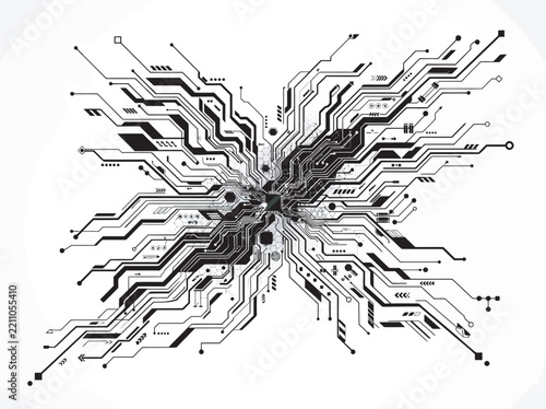 Abstract technology network with layered circuit board tracks, angular electronic pathways, central focal area, black silhouette shapes on white background