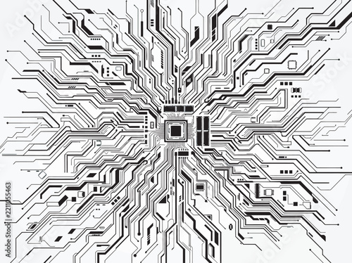 Futuristic motherboard circuit pattern, dense interconnected lines and angular pathways spreading from center, black silhouette vector elements on a clean white background