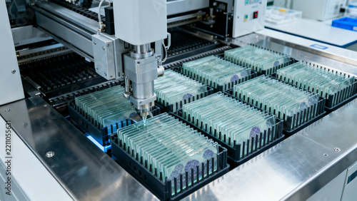 Automated microscope slide loading system used for pathology and medical cell analysis.