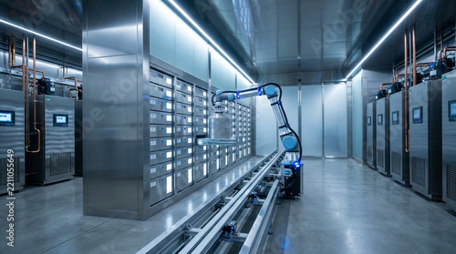 Industrial robotic arm operating within modern cryo storage facility for bio samples.