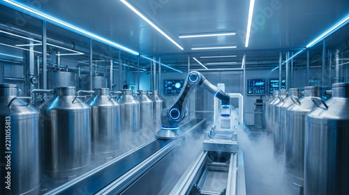 Automated robotic arm performs tasks in a sterile futuristic laboratory with blue lighting.