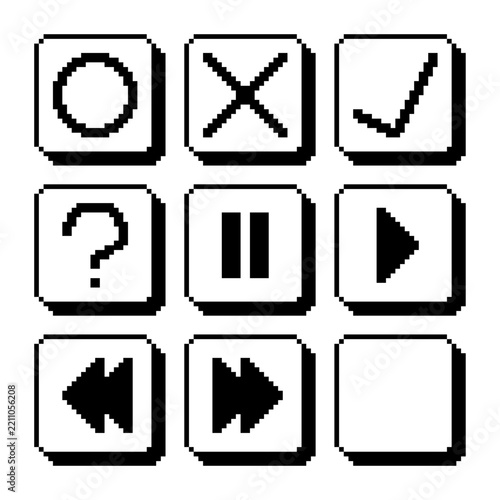 Monochrome Back and White Pixel Art Rounded Buttons Icon Set