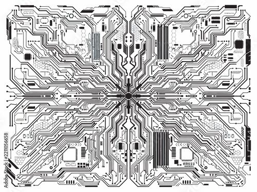 Abstract digital circuit network, symmetrical motherboard pathways forming a futuristic technological background, solid black silhouette shapes, white background