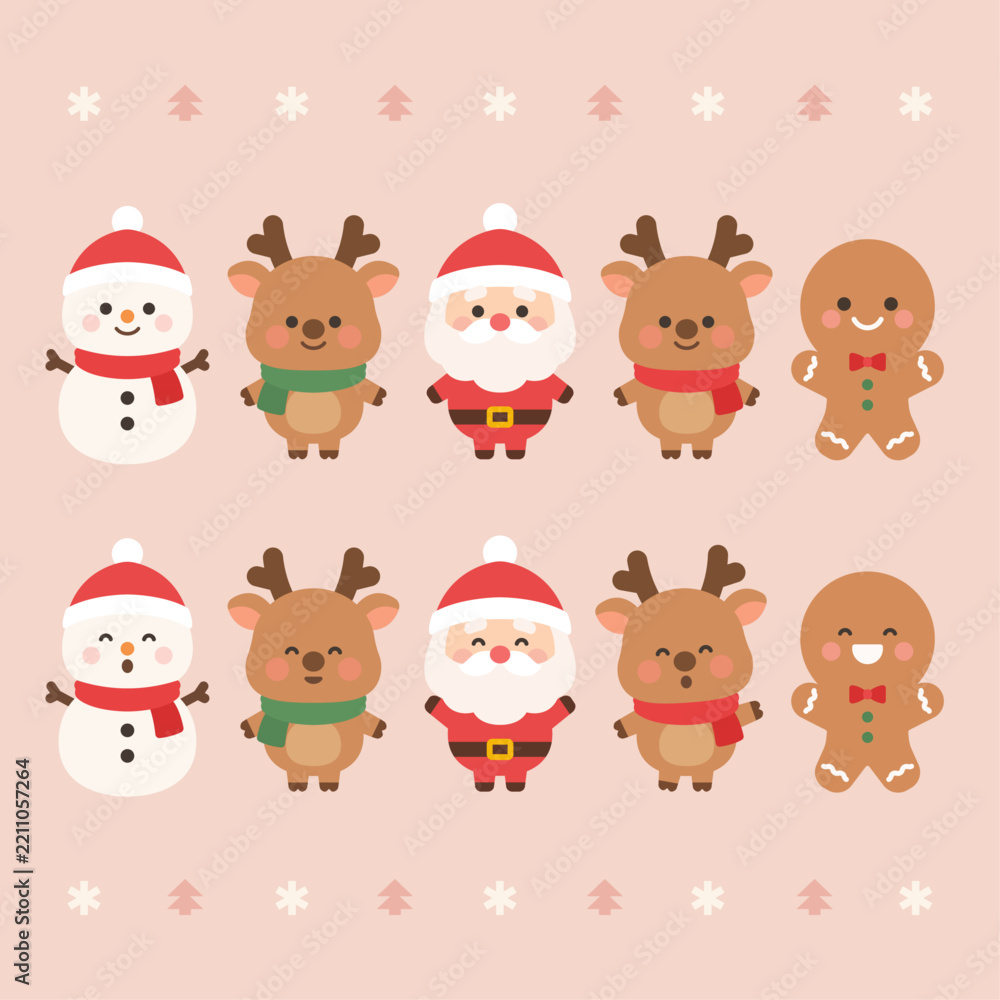 Obraz premium Cute Christmas Character Illustration Set with Santa, Reindeer, Snowman and Gingerbread Man