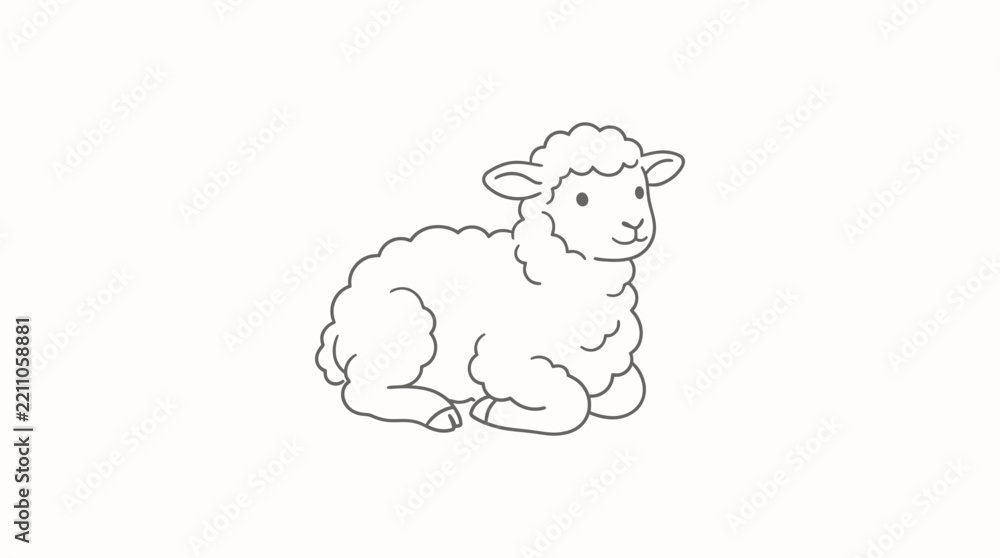 Obraz premium Charming minimalist line art illustration of a gentle baby lamb resting calmly, perfect for cute farm animal icons, educational content, or sweet graphic design projects