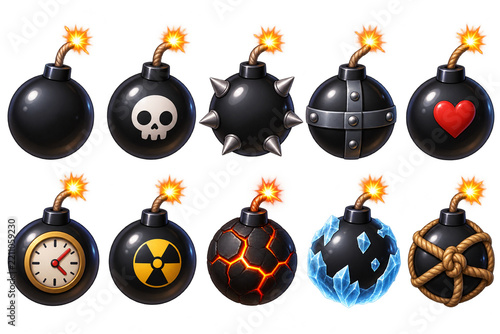 Set of ten cartoon bomb icons with various designs and lit fuses on a