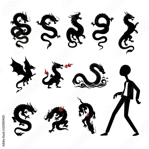 Collection of Black Dragon Silhouettes and Stick Figure