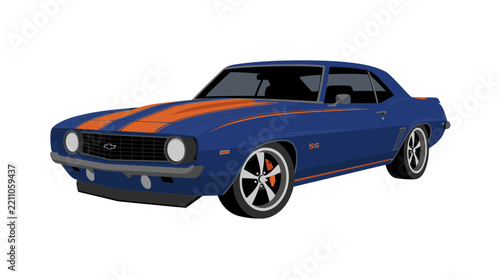 Classic blue muscle car with orange racing stripes in vector style