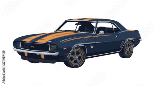 Vintage muscle car illustration with orange racing stripes on white background
