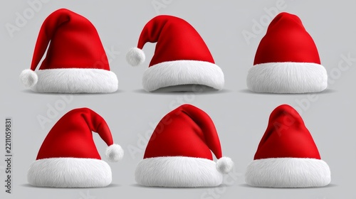 Collection of red santa claus hats isolated on gray background, festive christmas holiday headwear set with fluffy white fur trim and pom poms, winter celebration costume accessories, seasonal party d