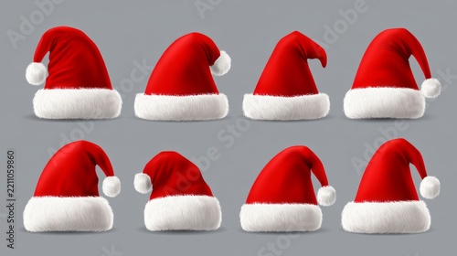 Collection of red santa claus hats isolated on gray background, festive christmas holiday headwear set with fluffy white fur trim and pom poms, winter celebration costume accessories, seasonal party d
