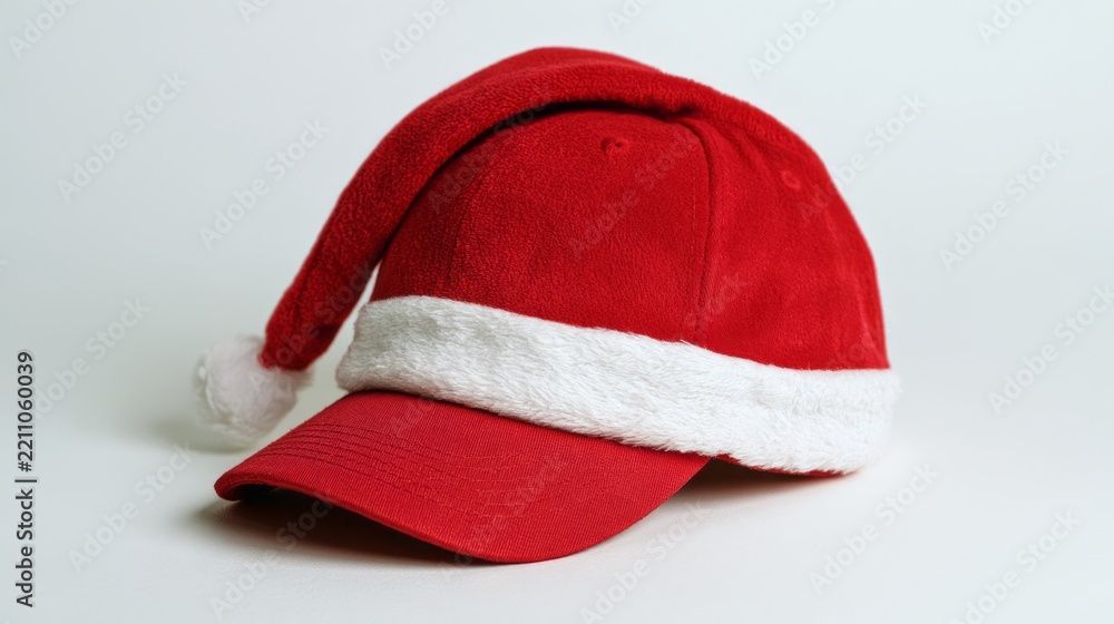 Fototapeta premium Red christmas baseball cap with soft white fur trim, festive holiday winter hat isolated on a clean background, cozy seasonal accessory for christmas celebrations, santa-inspired headwear and cheerful