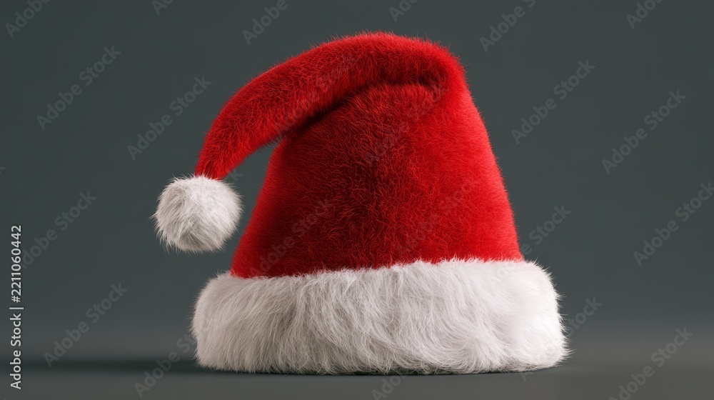 Fototapeta premium Santa claus hat with classic red and white design for christmas holiday celebration, festive winter season decoration, merry christmas concept and seasonal cheercomposition