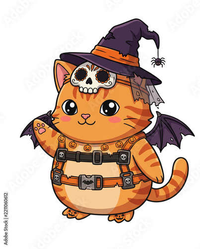 Cat orange halloween hat on white background